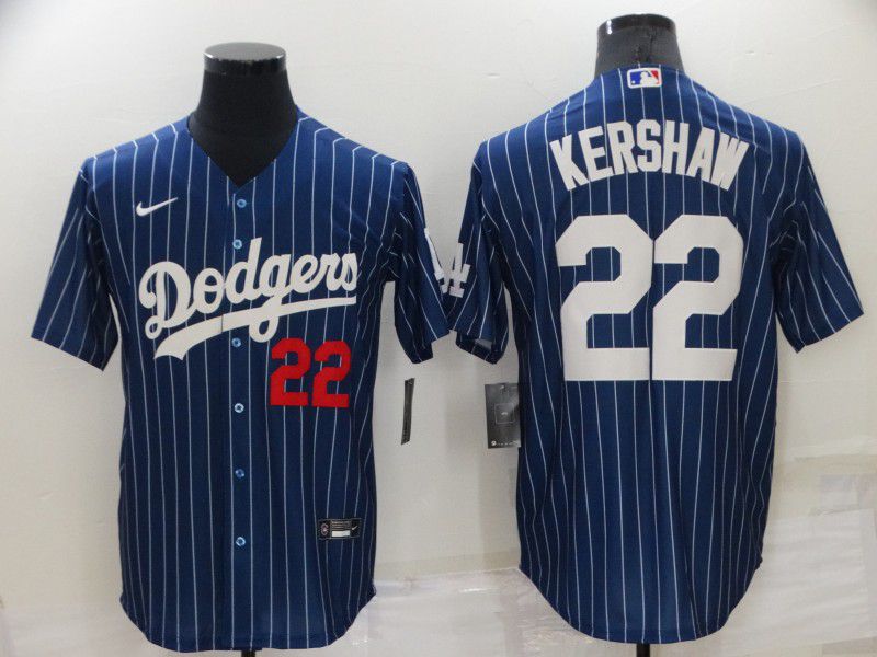 Men Los Angeles Dodgers #22 Kershaw Blue Stripe Throwback Nike 2022 MLB Jerseys->los angeles dodgers->MLB Jersey